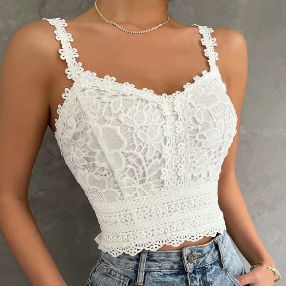 MODA ME COUTURE Tops - Boho Womens Guipure Lace Cami Top White